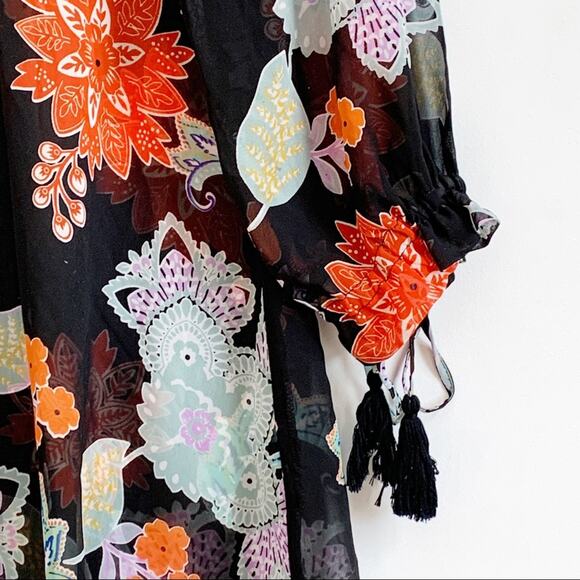 RAGA Anthropologie Blouse Tassel 3/4 Sleeve V-Neck Black Orange Floral Top Small - Picture 10 of 15